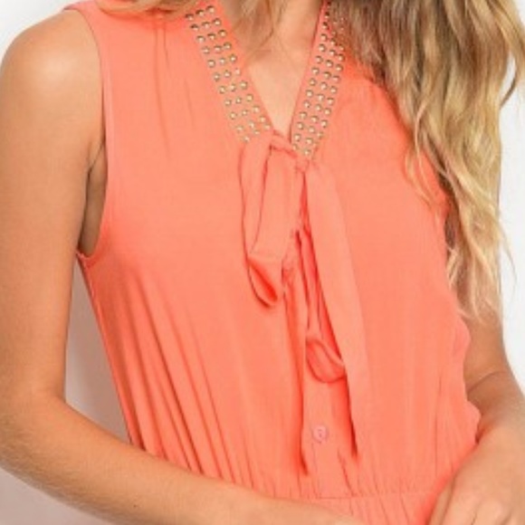 Sleeveless Embellished Romper Coral L - Picture 3 of 5